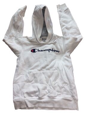 Champion White Hoodie with Navy Script Logo and Red Stitch